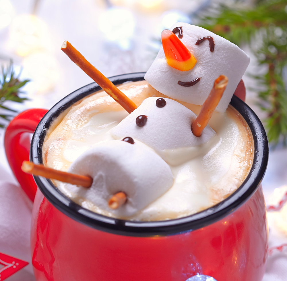 Marshmallow snowman in hot chocolate